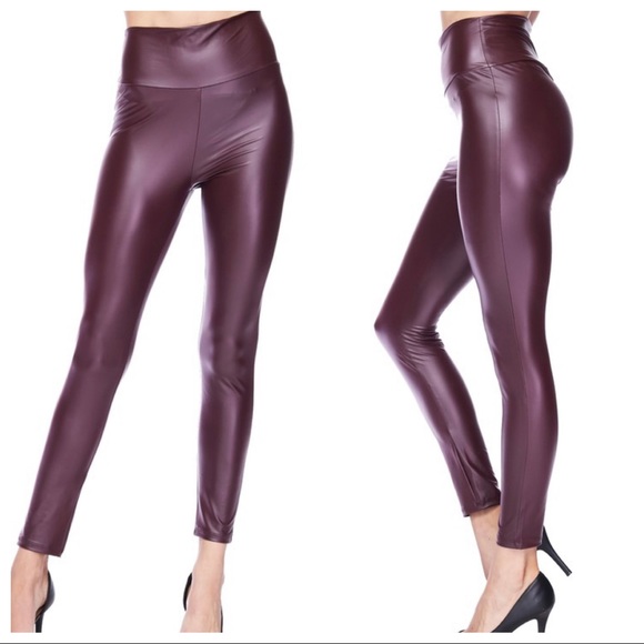 HIGH WAIST BURGUNDY FAUX LEATHER LEGGINGS - Picture 6 of 7